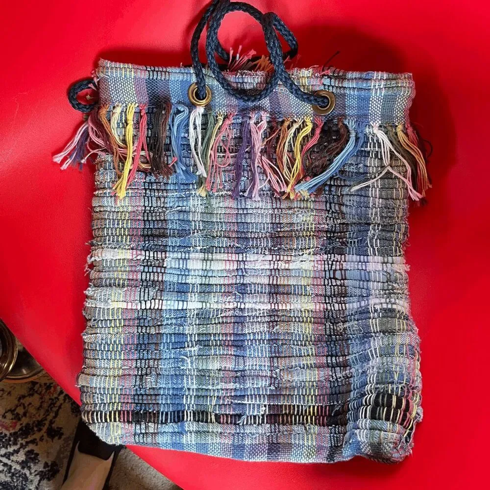 Handwoven Recycled Denim Tote Bag Boho Festival Market Upcycled Fringe Shoulder - Picture 10 of 11
